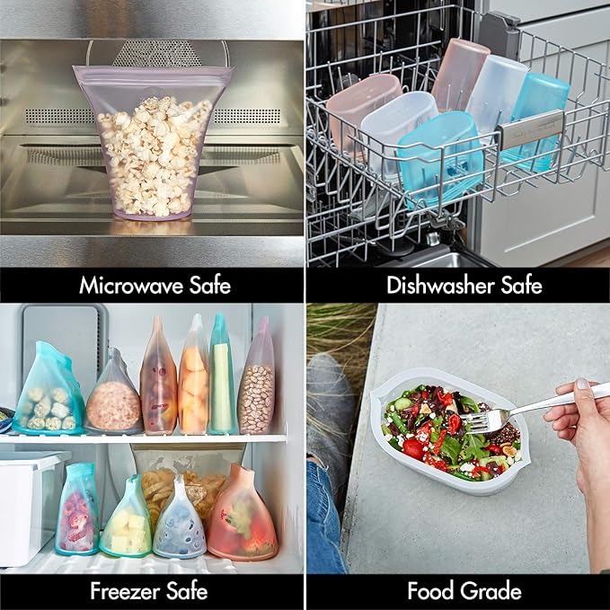 Zip Top Reusable Food Storage Bags | 2 Bag Set [Lavender] | Silicone Meal Prep Container | Microwave, Dishwasher and Freezer Safe | Made in the USA