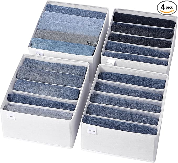 4 Packs Jeans Drawer Organizers for Clothing,5 Grids Compartment Wardrobe clothes organizer,Fabric Washable Closet Organizers and Storage Bins for Jeans,Pants,Bra,Legging,t-shirt-White