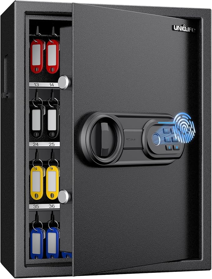 Uniclife 71 Position Key Box, Wall Mount Key Lock Box with Code and Key Lock, Fingerprint Key Cabinet with Anti-Theft Key Drop Slot & Keypad, Keys Safe for Office Hotel & Company