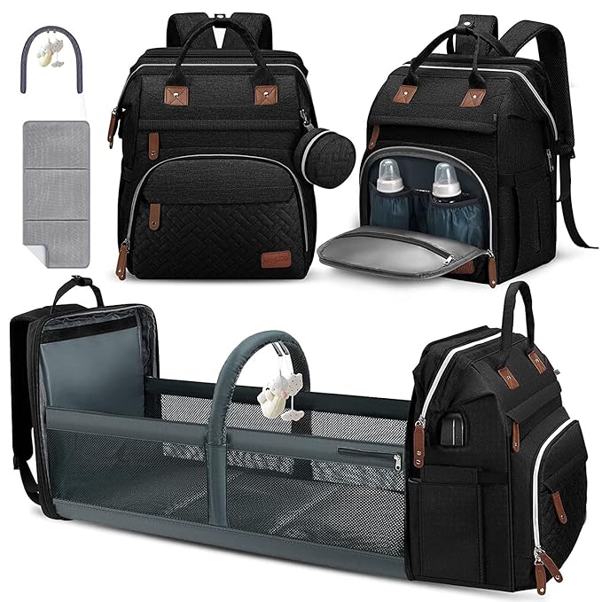 DERJUNSTAR Diaper Bag Backpack, Large Baby Bag with Changing Pad, Thick Padded Back & Straps, Laptop Compartment, Waterproof Travel Backpack with USB Port, Multi-Function for Mom & Dad, Black