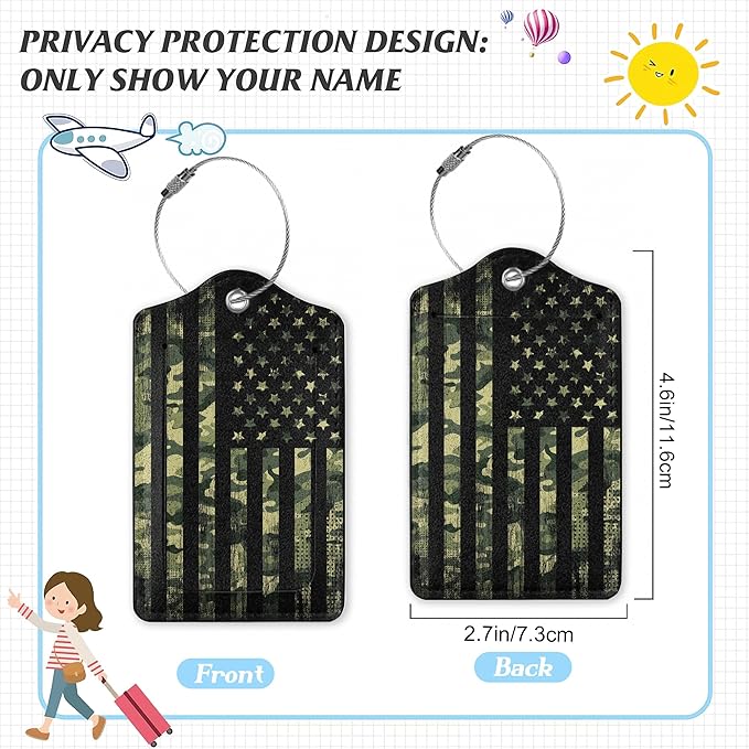 3 Pack Luggage Tag for Suitcase,American Flag USA Flag Leather Luggage Tags with Privacy Cover Name ID Label Identifiers Travel Bag Tags for Women Men Boys Girls