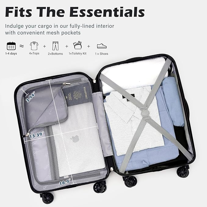 Coolife Carry On Luggage Airline Approved with Wheels Hard Shell Suitcase Spinner TSA Lock Telescopic Handle 20-inch,Blue