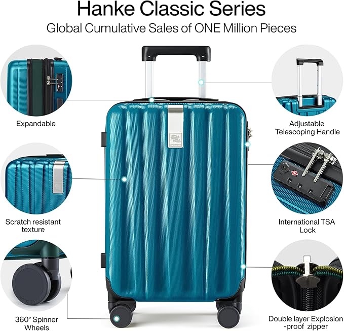 Hanke 24 Inch Expandable Checked Luggage Lightweight PC Hard Case Luggage Suitcases with Wheels Tsa Luggage Rolling Large Suitcase Travel Luggage Bag for Go to University.(Caribbean Blue)