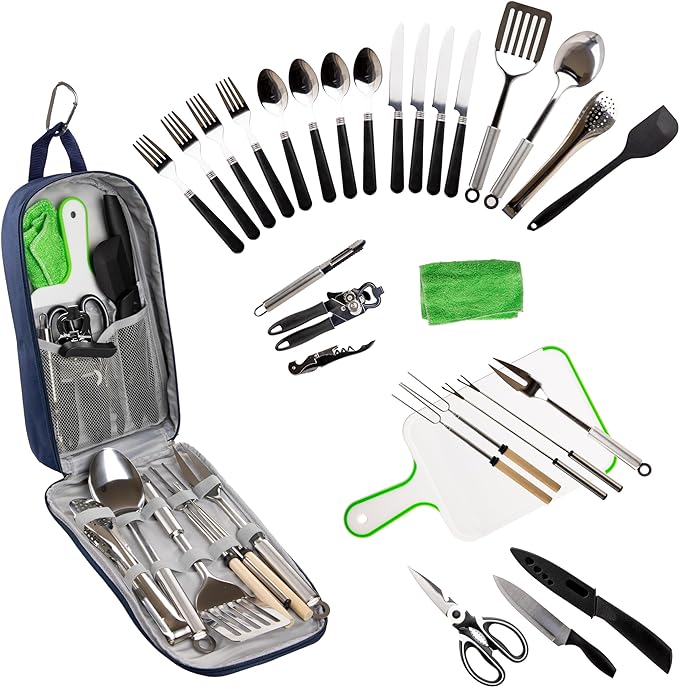 30 Pcs Camp Cooking Utensil Set & Outdoor Kitchen Gear Cookware Kit, Portable Compact Carry Case for Camping, Hiking, Travel, BBQ Grilling Stainless Steel Accessories Spoon & Fork, Navy