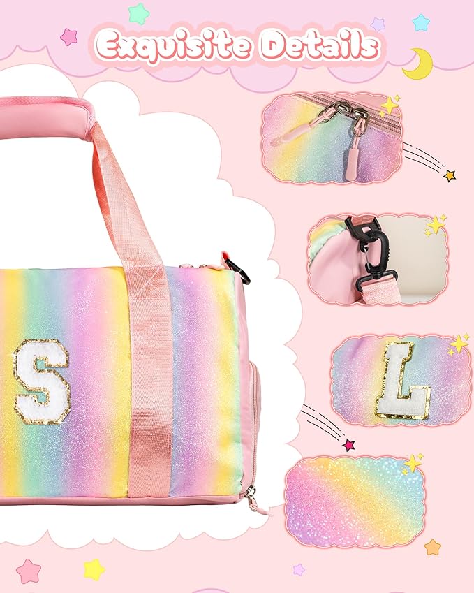 Birthday Gifts for Granddaughter-Girl Gym Bag with Shoe Compartment, Kid Personalized Weekender Overnight Bags, Initial Travel Tote with Makeup Pouch Valentine's Day Gift for Kids (Letter I)