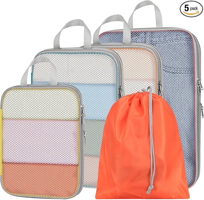 Cambond Compression Packing Cubes for Travel - 5 Set Multi-color See Through Mesh Compression Cubes for Travel Essentials, Space Saving Luggage Packing Organizers Bags for Carry on Suitcases
