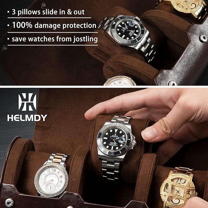 Watch Roll Travel Case: 3 Slot Watch Box Organizer for Men - Watch Storage and Display Case - Watch accessory Fits All Wrist Watches & Smart Watches Up to 50mm (Dark Brown)