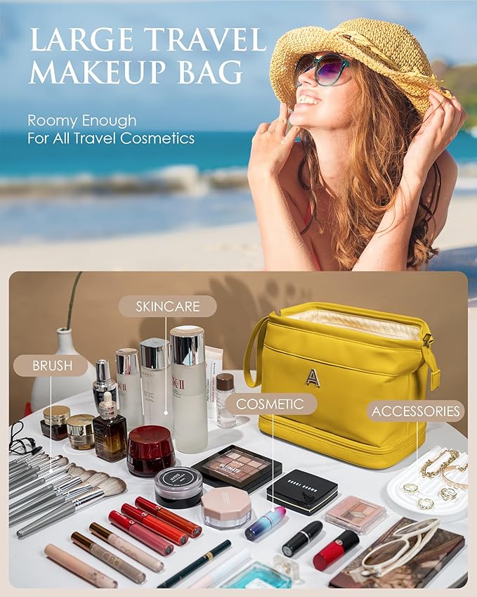 Personalized Gifts for Women, Initial Makeup Bag, Travel Gifts, Personalized Bags, Waterproof Double Layer Cosmetic Bag, Leather Makeup Bags Letter Travel Toiletry Bag, Friend Gifts