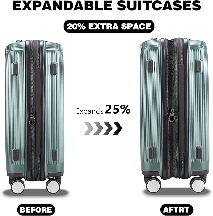 Luggage Sets 2 Piece, 20/28 Inch Lightweight Expandable PC Hardside Durable Suitcases with Spinner Wheels & TSA Lock, Green