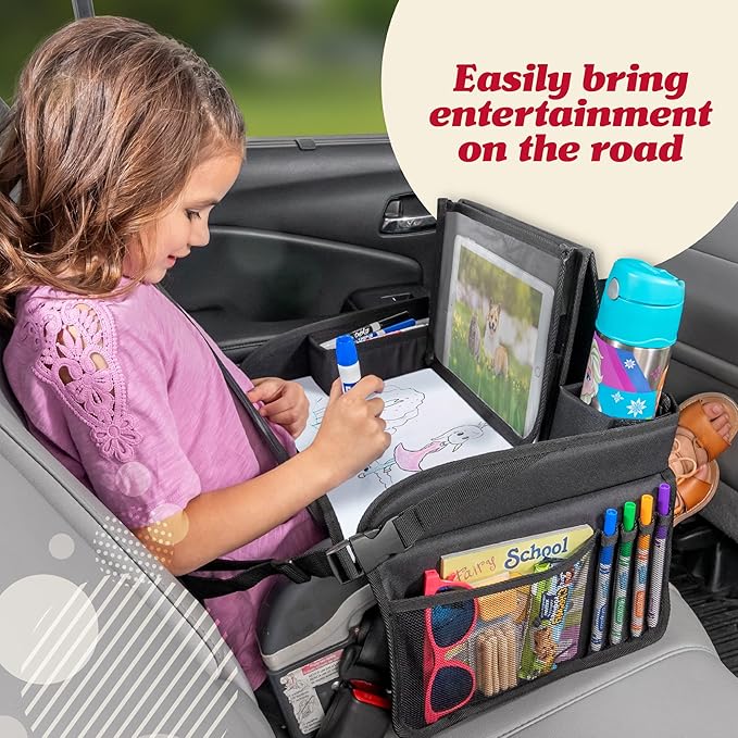 Lusso Gear Kids Travel Tray for Car Seat - Dinos, Oxford Cloth & Plastic - Dry-Erase Tablet Holder with Cup Holder & Storage - Road Trip Essentials & Plane Activity Tray