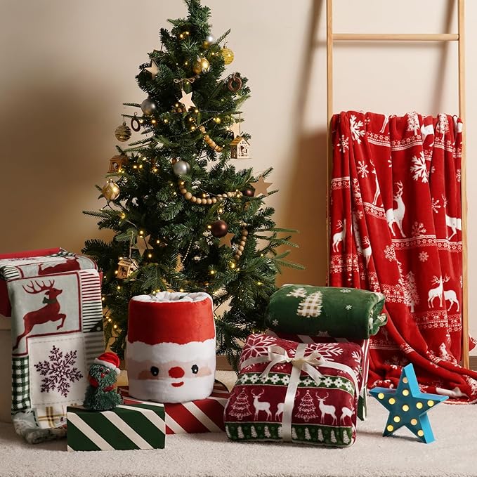 PHF Printed Fleece Blanket King Size, No Shed No Pilling Ultra Soft Plush Cozy Xmas Prints Theme Home Décor Flannel Blanket for Bed, Sofa, Couch and Gift, 108" x 90", Reindeer and Trees, Red