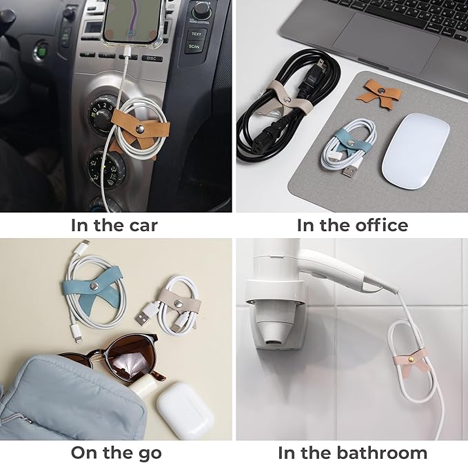 SenseAGE 5 Pack Cord Organizer, Bow Cord Keeper, Cable Organizer USB Holder, Leather Cable Management, Cable Straps, Earphone Winder, Storage Straps for Electronics, Earbuds (Moonlight Grey, Big)