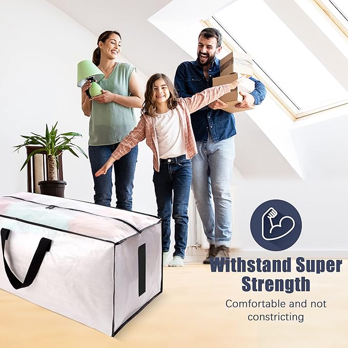 4 Pack Large Strong Moving Bags with Zippers & Carrying Handles - Water-Resistant - Heavy Duty Storage Tote for Space Saving, Fold Flat, Alternative to Moving Box (Semi-Transparent)