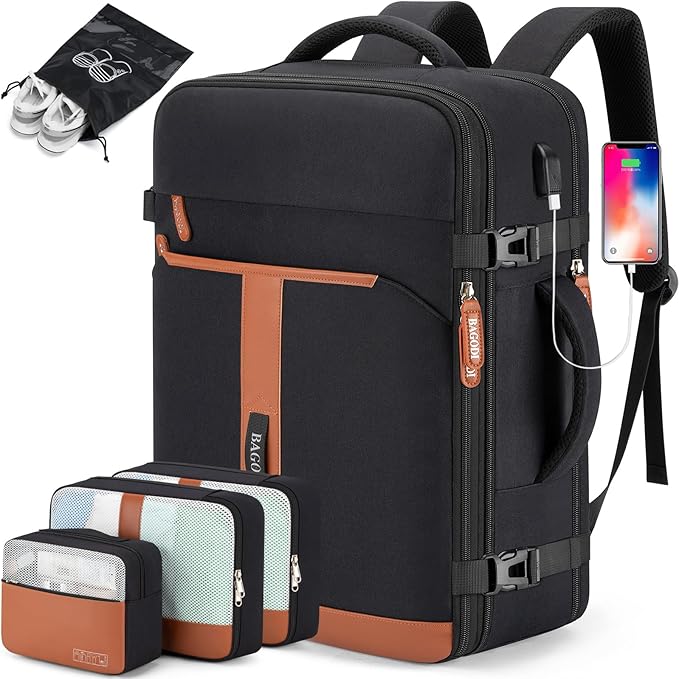 42L Travel Laptop Backpack, Expandable Carry-on Luggage, Anti-Theft Business Weekender Bag with USB Port, 3 Packing Cubes & Shoe Bag (Black)