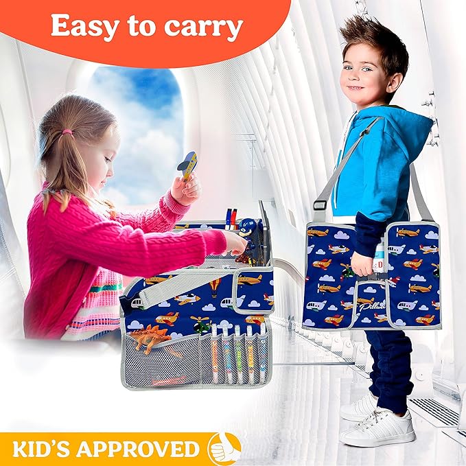 PILLANI Kids Travel Tray for Car - Car Seat Tray for Kids Travel, Road Trip Essentials, Carseat Table for Roadtrip Activities - Must Have Toddler Lap Desk Organizer for Airplane - Travel Accessories