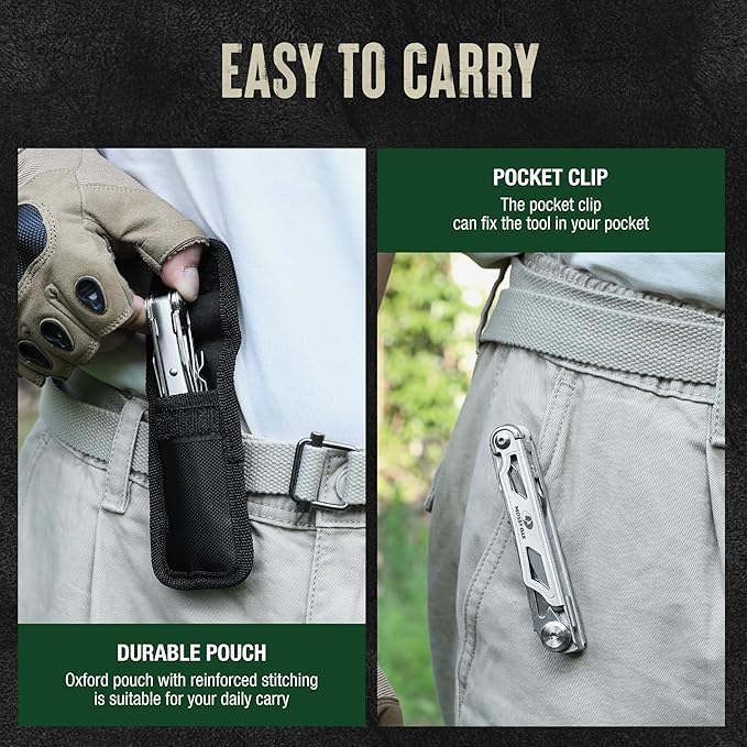 Mossy Oak 12-in-1 Multitool Pocket Knife with Pouch, Stainless Steel Multitool Knife with Clip, Survival Tools with Scissors, Bottle Opener, Wire Stripper, Glass Breaker, Screwdriver