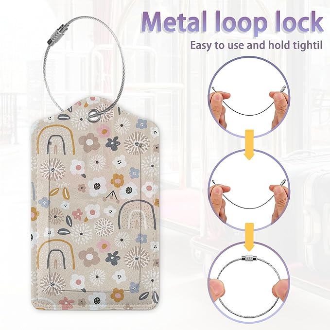 2Pcs Luggage Tag for Suitcase Boho Flowers Rainbow Cute Suitcase Tag with Privacy Flap & Name ID Label & Metal Loop,Travel Bag Luggage Tags for Women