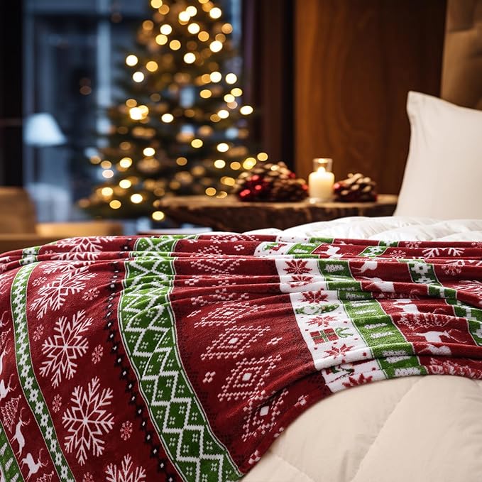 PHF Printed Fleece Throw Blanket, No Shed No Pilling Ultra Soft Plush Cozy Xmas Prints Theme Home Décor Flannel Blanket for Bed, Sofa, Couch and Gift, 50" x 60", Retro Christmas