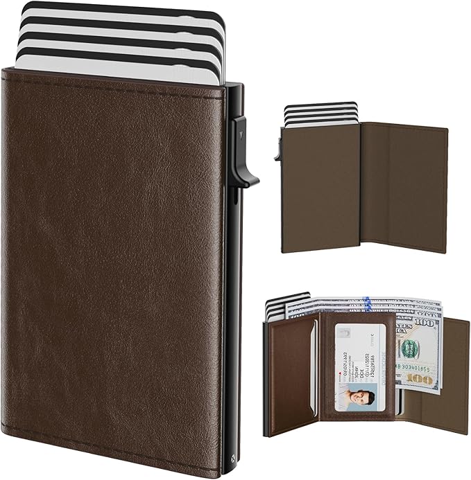typecase Mens Wallet Card Holder: Pop Up Aluminum Case, Genuine Leather, Smart, RFID Blocking, Slim, Minimalist, Front Pocket - 9-14 Card Capacity | ID Window | Cash Slot (Black Brown)