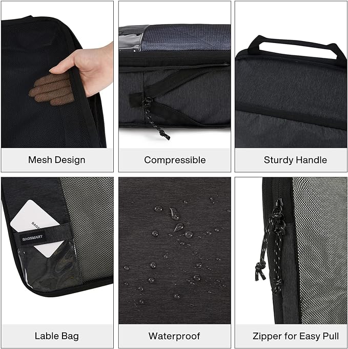 BAGSMART 6 Set Compression Packing Cubes - Lightweight Travel Essentials, Durable Luggage Organizer