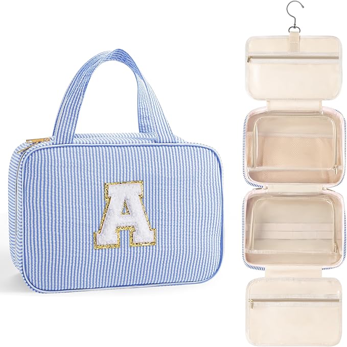 TOPEAST Travel Hanging Toiletry Bag Initial Makeup Bag for Women Teen Girls - Birthday Gifts for Women Teen Girls, Gifts for Daughter Sister Friends Mom Her - Letter A, Blue