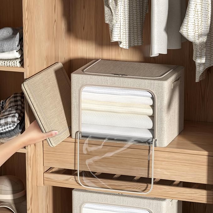 4 Pack Clothes Storage Bins with Metal Frame - Linen Fabric Foldable Stackable Container Organizer Set with Clear Window & Carry Handles & Zippers (Beige, 15.7"x11.8"x7.8")