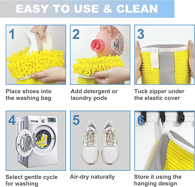 Shoe Washing Machine Bag – 360° Deep Clean Sneaker Laundry Bag with Cleaning Fibers and Zipper, Reusable Shoe Bag for Washing Machine, 2 Pack
