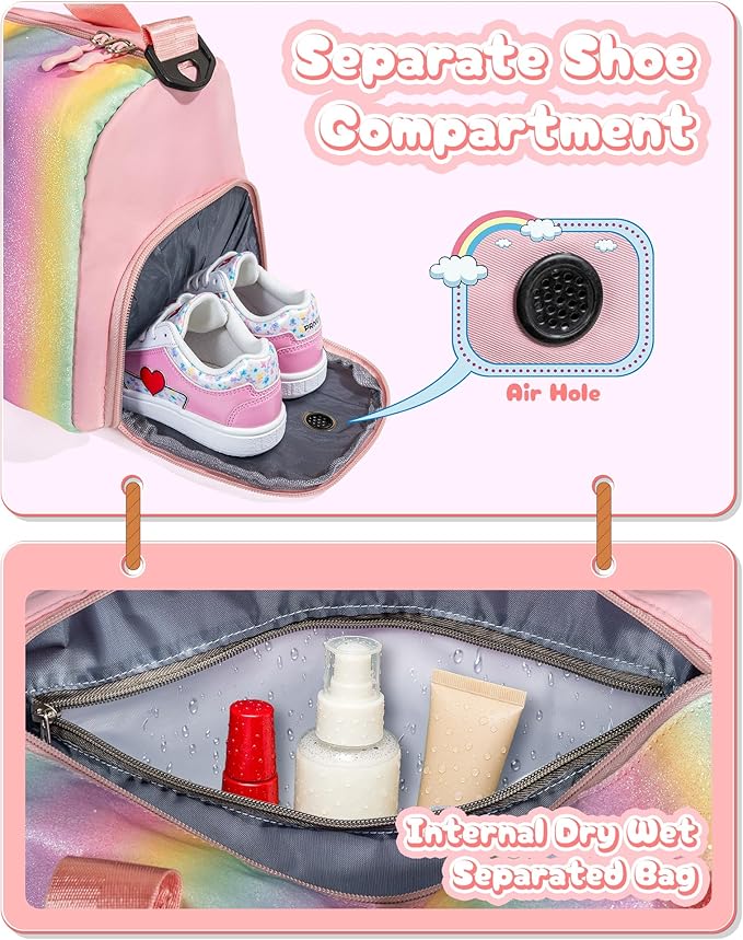 Girly Girl Stuff-Girl Gym Bag with Shoe Compartment, Kid Personalized Weekender Overnight Bags, Initial Travel Tote with Makeup Pouch, Gift Ideas for Niece Sister (Letter W)