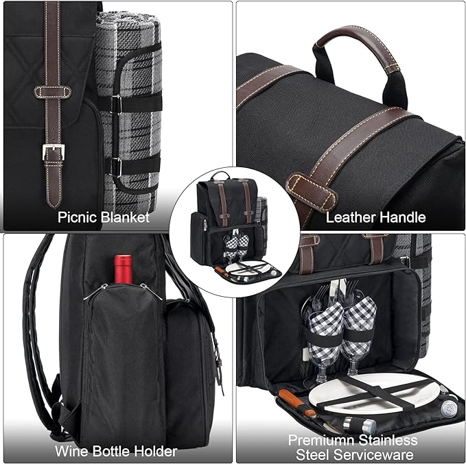 Picnic Backpack for 4 Person with Large Insulated Cooler Bag, Picnic Basket Set with Wine Pouch, Waterproof Picnic Blanket & Cutlery Set. Perfect for Beach, Camping, Party,Wedding Gift for Couple.