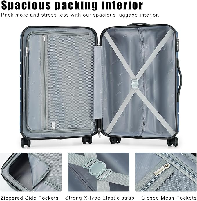 Coolife Luggage Suitcase Carry-on Spinner TSA Lock USB Port Expandable (only 28’’) Lightweight Hardside Luggage (Silver, S(20in_carry on))