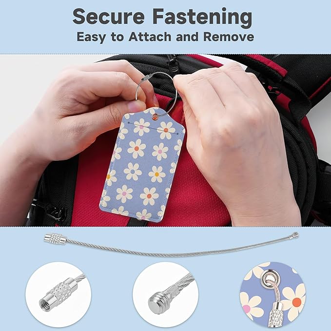 2 Pack Luggage Tag for Suitcase, Groovy Daisy Flowers Leather Bag Tags Identifiers Privacy Cover ID Label with Durable Steel Loop for Women Men Kids Girls Travel