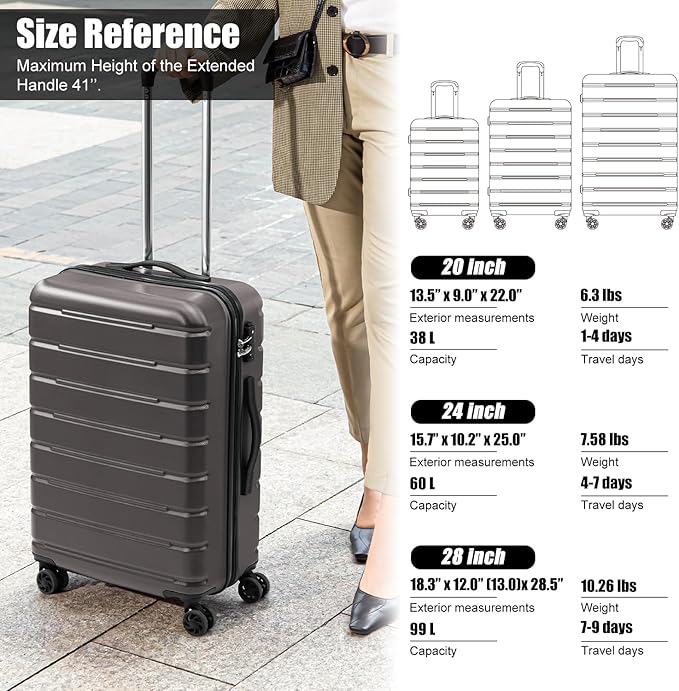 Coolife Luggage Suitcase Carry-on Spinner TSA Lock USB Port Expandable (only 28’’) Lightweight Hardside Luggage (Gray, L(28in))