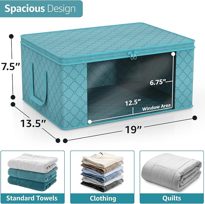 Sorbus Foldable Storage Bag Organizers, Large Clear Window & Carry Handles, Great for Clothes, Blankets, Closets, Bedrooms, and more (3-Pack, Aqua)