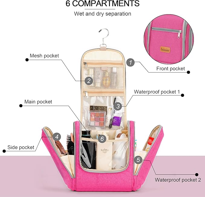 Extra Large Toiletry Bag for Women and Men, 6 Organizer Compartments, Holds Full Size Shampoo, with Hanging Hook Cosmetic Bag, Travel Makeup Bag, Bathroom Water-resistant Toiletries Bag, Rose Red