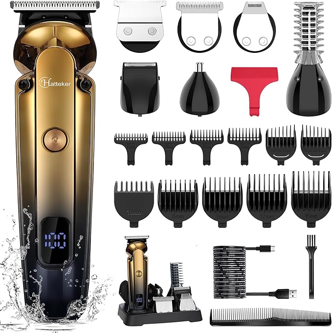Hatteker Men's Beard Trimmer Kit Electric Razor Shaver Professional Hair Clipper with Zero Gapped T-Blade Nose Ear Beard Body Trimmer for Men Waterproof Cordless Grooming Kit 6 in 1