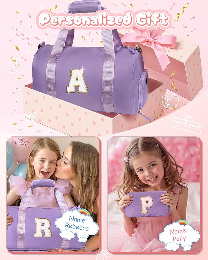 Easter Gifts for Teens Girls-Girl Gym Bag with Shoe Compartment, Kid Personalized Weekender Overnight Bags, Initial Travel Tote with Makeup Pouch, Gift for 3 4 5 6 7 Year Old Kids (Letter T)