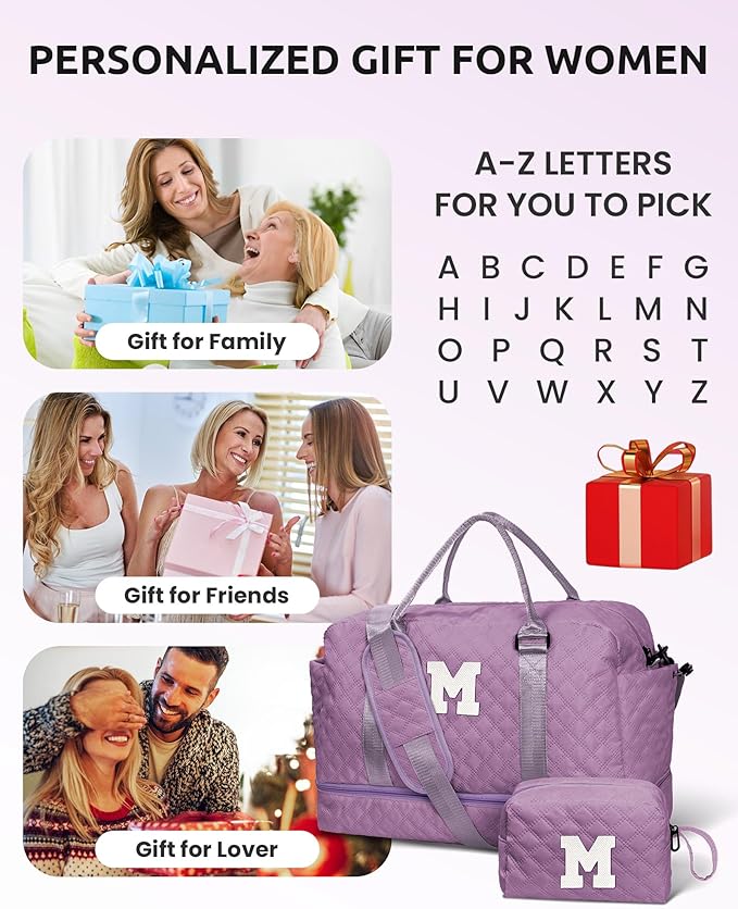 Initial Duffle Bag, Weekender Bags with Shoe Compartment and Shoulder Strap, Monogram Overnight Bag for Women Wet Pocket, Girl Travel Bag with Makeup Bag Gifts for Niece (Letter R)