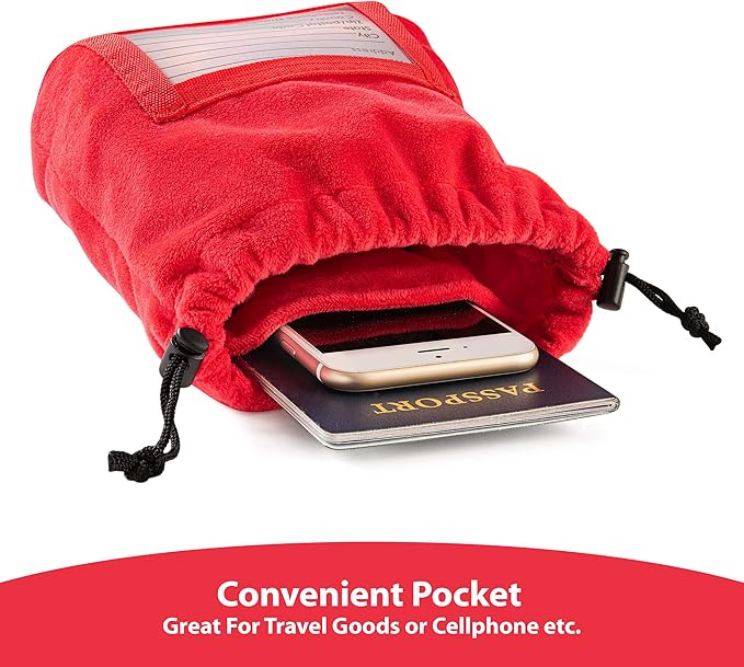 Inflatable Travel Neck Pillow: Extra-Soft, Cushion. for Airplanes, Trains, Cars, Portable Travel Accessory-with Carrying Pouch for Cell Phone and Passport Etc. (Vintage Red)