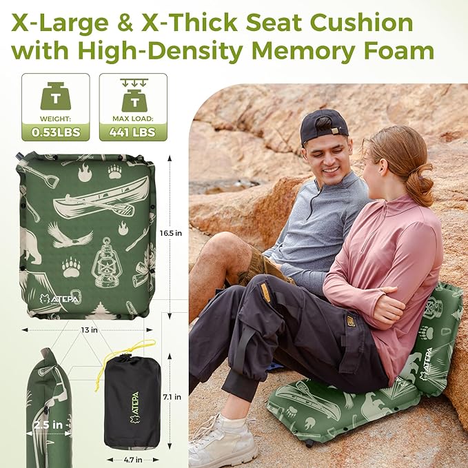 ATEPA Inflatable Stadium Seat Cushion, Self-Inflating Memory Foam Stadium Seats Bleacher Seat Chair Cushion Pad for Airplane Travel Backpacking Sports Events