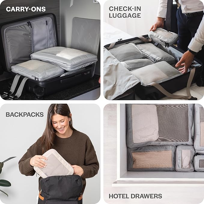 Compression Packing Cubes for Travel - Luggage Organizer Bags - Double Zipper Packing Cubes for Suitcases (6-Pack, Light Grey)
