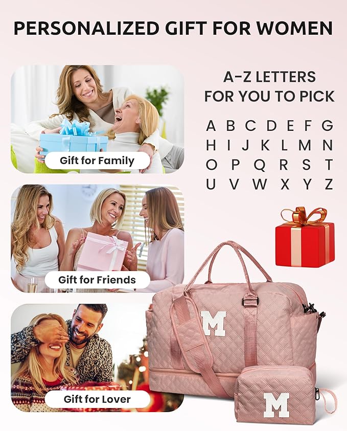 Preppy Stuff for Teenage Girl Gifts-Initial Duffle Bag with Shoe Compartment, Weekender Bag, Monogram Overnight Bag, Letter Travel Bag with Makeup Bag，Birthday Gift for Women Girl (Letter Q)