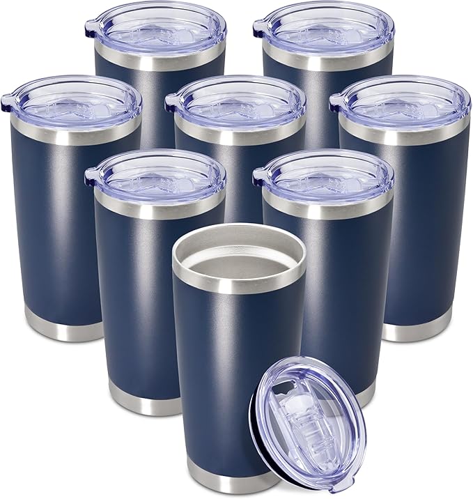 20 oz Tumbler Coffee Tavel Tumblers Bulk with Lid Stainless Steel Double Wall Vacuum Insulated Mug Powder Coated Cups fit Car Cupholder for Hot and Cold - Navy, 8Pack