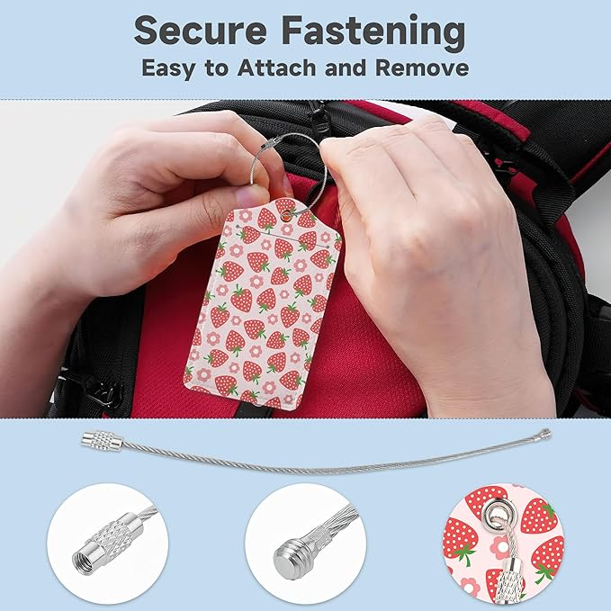 2 Pack Luggage Tag for Suitcase,Retro Strawberry Leather Suitcase Tags Identifiers with Privacy Name Address Labels and Durable Steel Loop for Women Men Travel