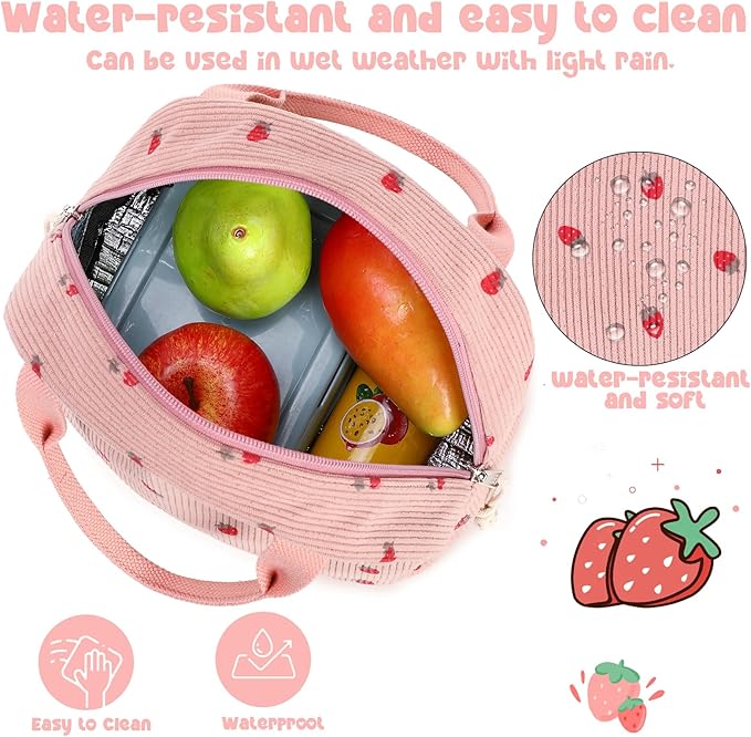 Bluboon Lunch Bag for Women Men Cute Corduroy Lunch Tote Bags Reusable Insulated Lunch Box Large Capacity Reusable Insulated Cooler for Work Picnic or Travel (Corduroy strawberry pink)
