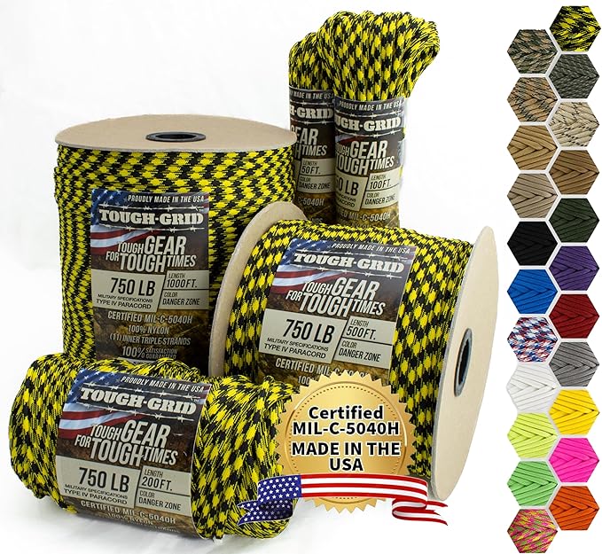 TOUGH-GRID 750 Paracord Rope Nylon Parachute Cord, Made in USA Survival Kit, Outdoor Adventures, Camping, Tactical Gear & Emergency Supplies, Military Type IV Mil-Spec