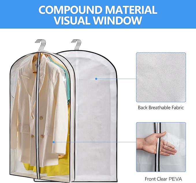 Hanging Clothes Storage with 4" Gusseted Garment Covers (Set of 6) - Clear Suit, Dress, Sweater, Shirt Protectors - 24"x 40"x 4" / 6 Pack