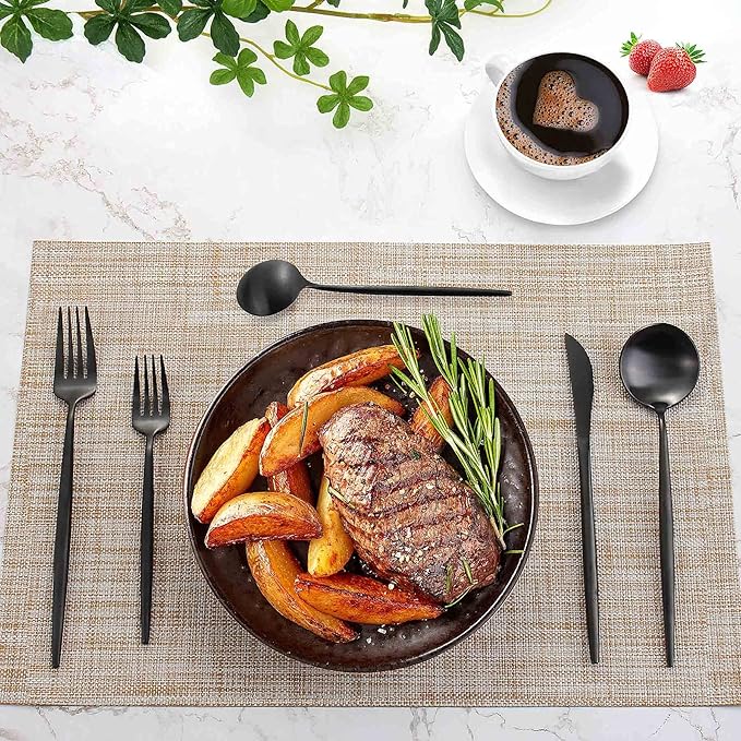 Matte Black Silverware Set for 4, IBIILII JEFF 20 Pieces Stainless Steel Flatware Set，Kitchen Utensil Set, Tableware Cutlery Set, Knife Spoons And Forks Set, Satin Finished Polished & Dishwasher Safe