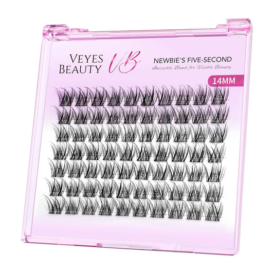 VEYESBEAUTY Lash Clusters Individual Eyelash Extensions Thin & Invisible Band DIY False Eyelashes for Self-application Newbie's Five-Second Series Wispy Lash Tray, LuxeBold 14mm Single Length