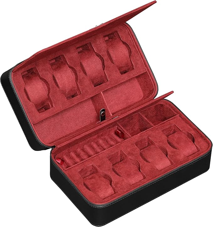 ROTHWELL 8 Watch Travel Case Storage Organizer for 8 Watches, Sunglasses, Rings & Cufflinks |Tough Portable Protection with Zipper Fits Most Wristwatches & Smart Watches Up to 50mm (Black/Red)