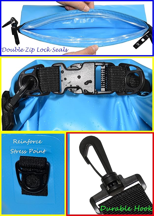 Freegrace Waterproof Dry Bags Set of 3 Dry Bag with 2 Zip Lock Seals & Detachable Shoulder Strap, Waist Pouch & Phone Case - Can Be Submerged Into Water - for Swimming (Sky Blue, 5L)